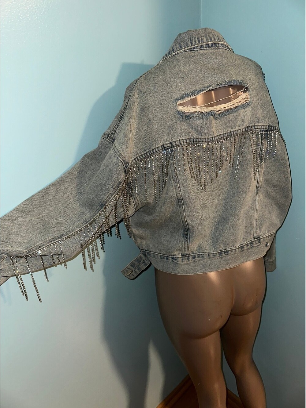 Ish Vintage 90s Y2K Blue Denim Jacket Rhinestone Fringe S